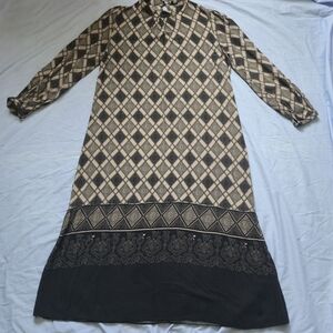 REETKA Modest Midi Dress Size 8 Black Tan Diamond Argyle Paisley Boho Vintage St